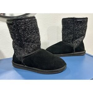 Minnetonka 86510 Leather Sheepskin Wool Black Gray Tweed Winter Mid Calf Sz 9